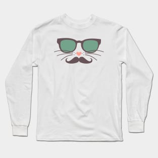 Hipster Cat Face Green Glasses Mustache Long Sleeve T-Shirt